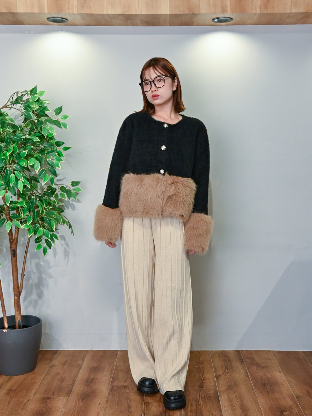 バイカラーファートリム・ニットジャケット#25811002