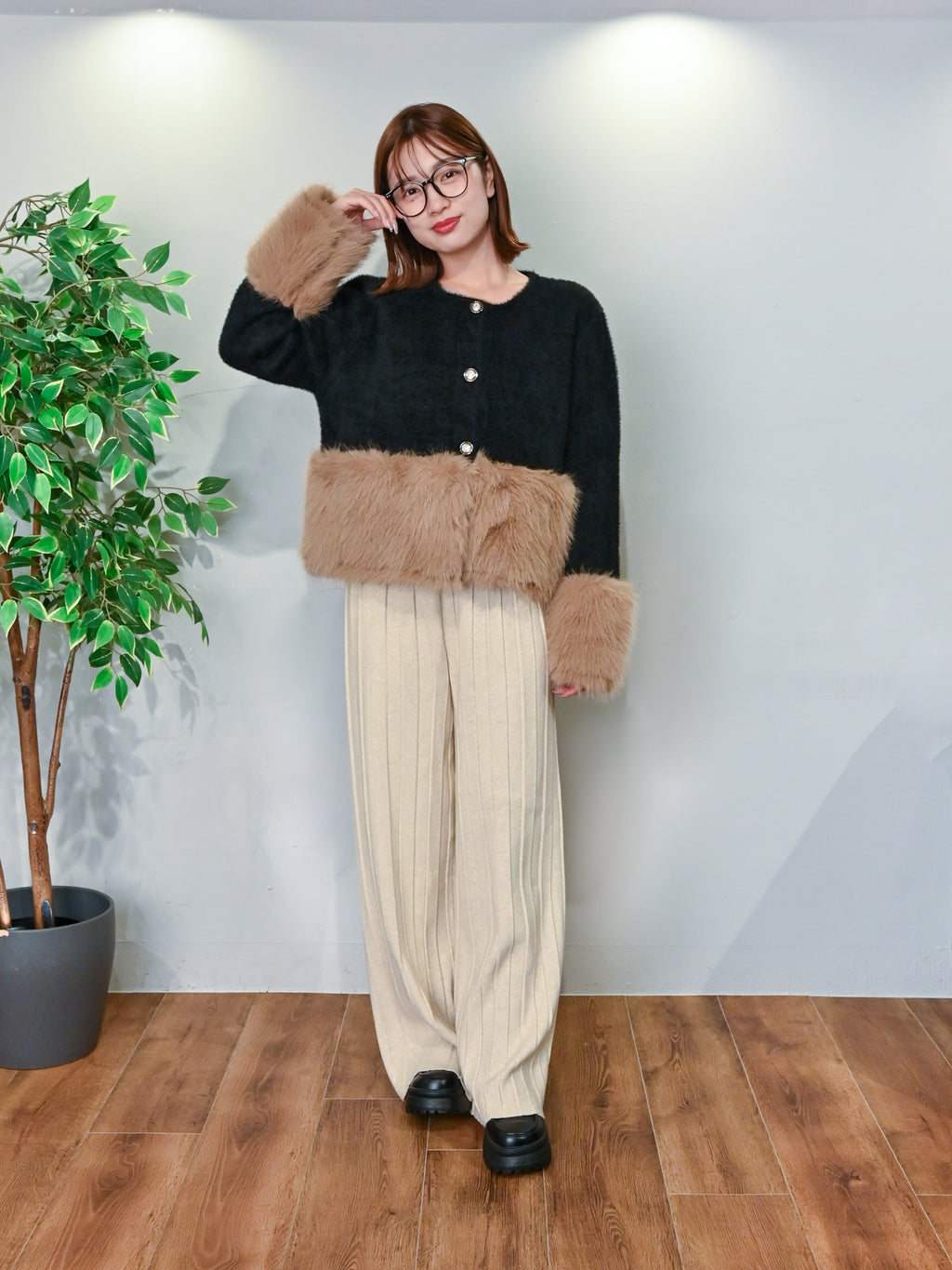 バイカラーファートリム・ニットジャケット#25811002