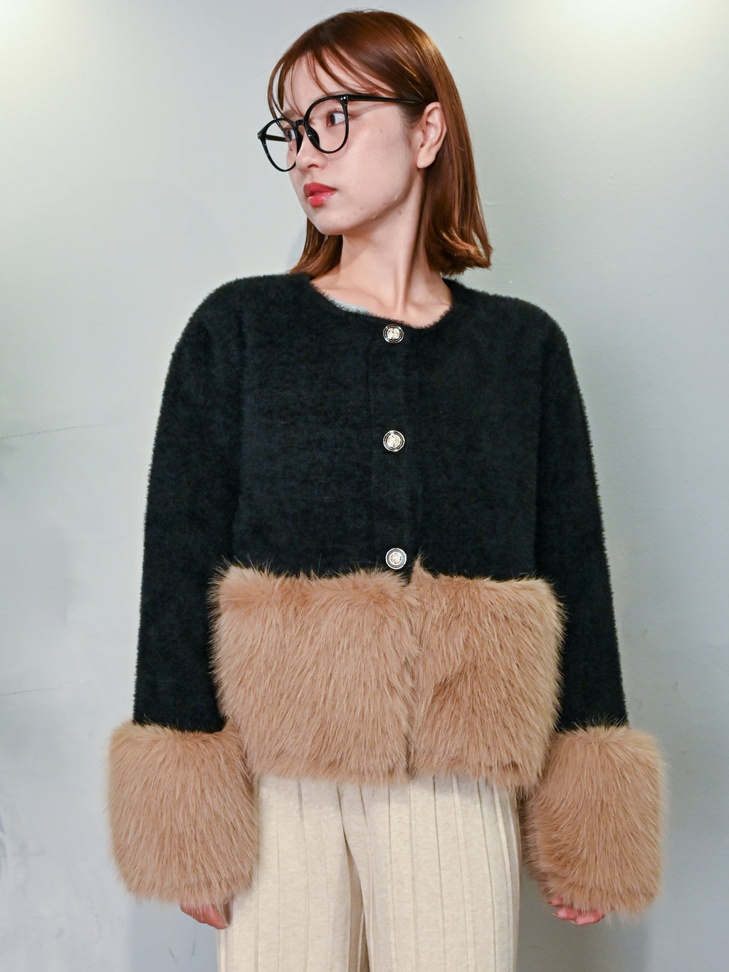 バイカラーファートリム・ニットジャケット#25811002