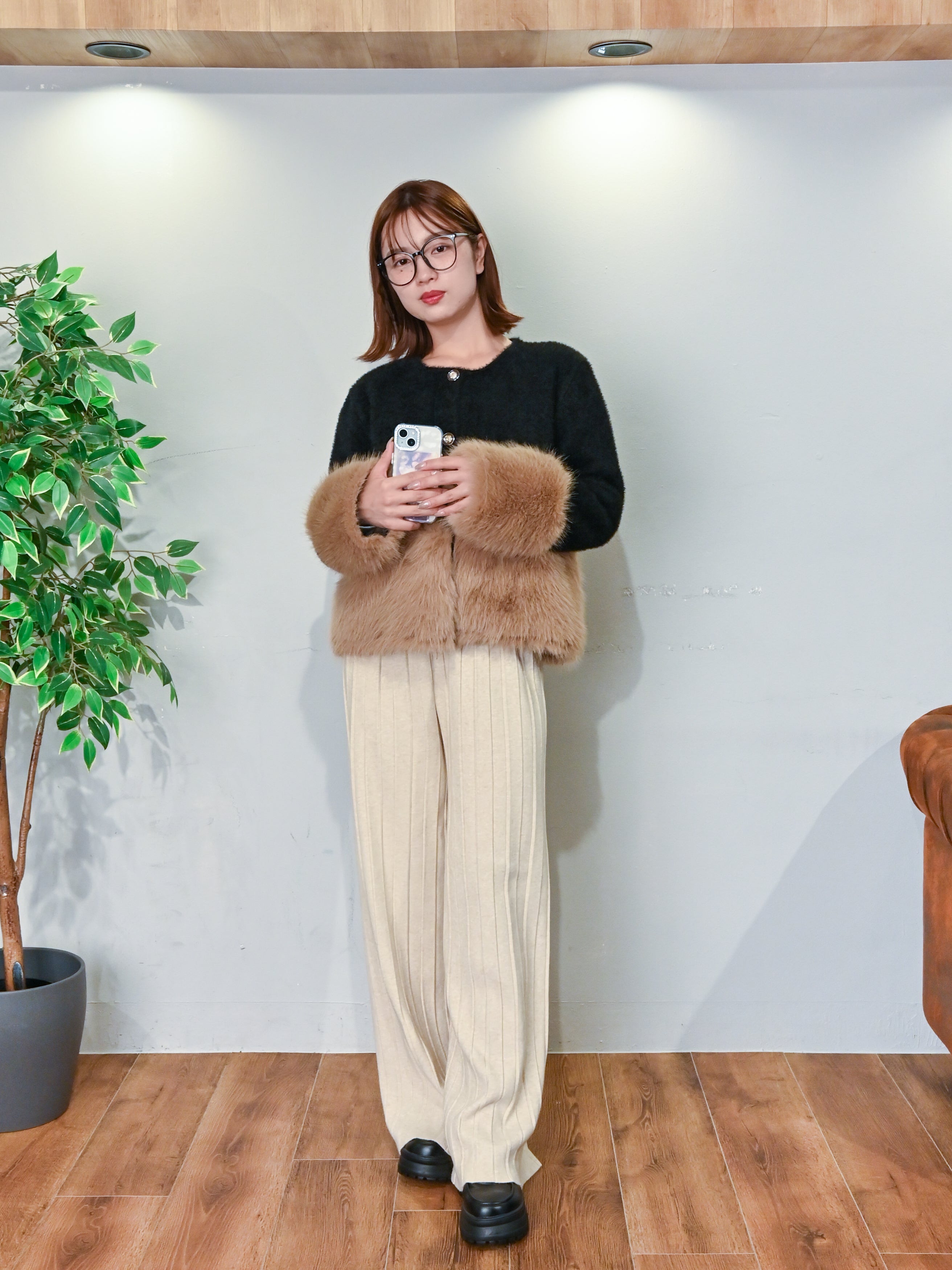 バイカラーファートリム・ニットジャケット#25811002