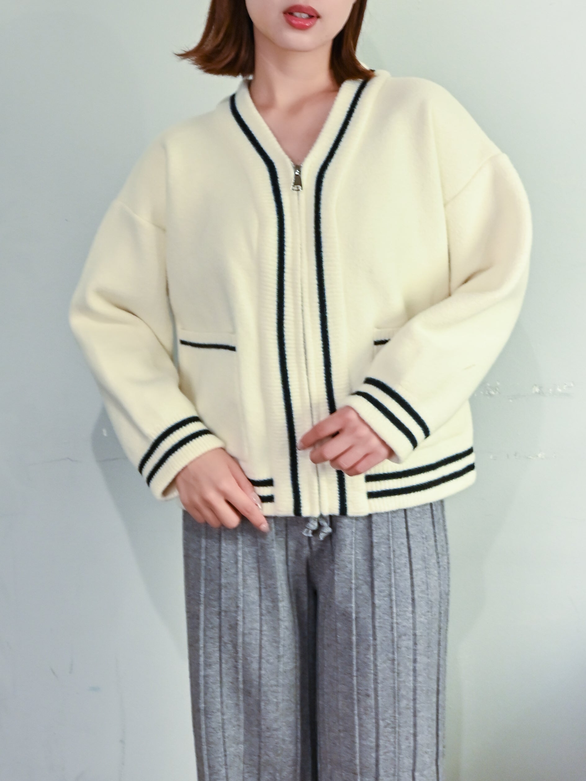 バイカラーライン・ニットZIPブルゾン#25851005